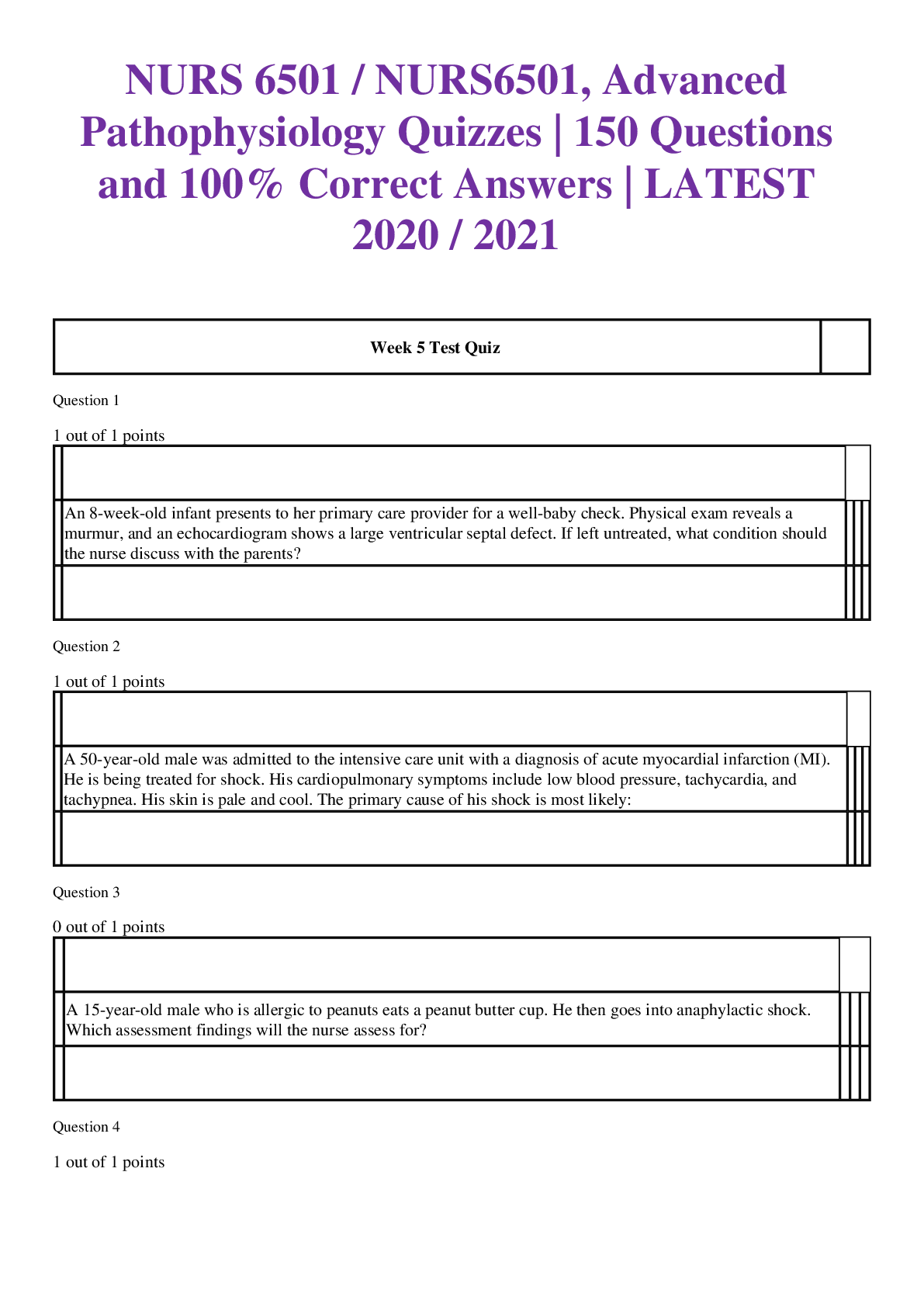 NURS 6501 / NURS6501, Advanced Pathophysiology Quizzes | 150 Questions and 100% Correct Answers | LATEST 2020 / 2021